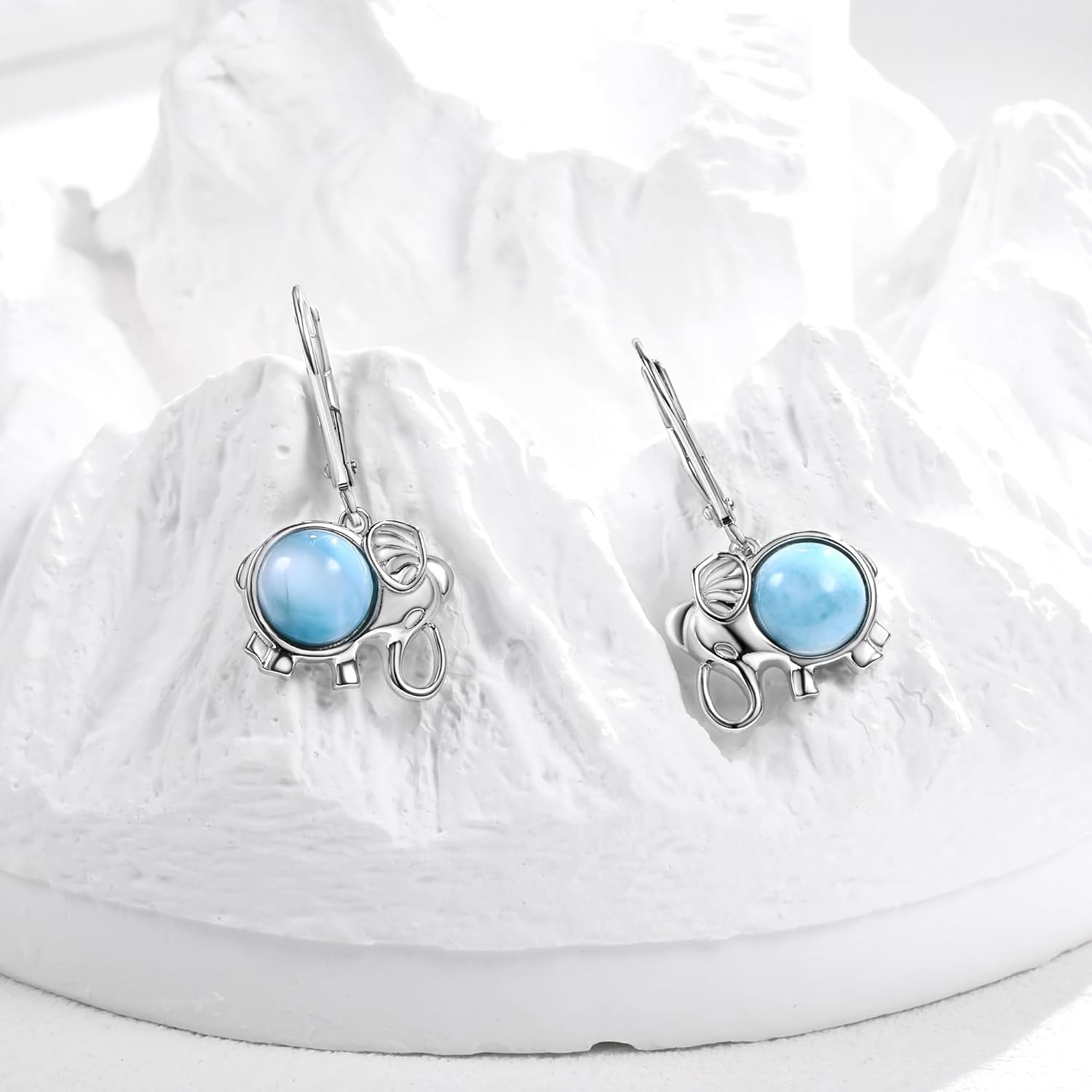 Larimar/Created Opal Gemstone Elephant Leverback Earrings for Women Hypoallergenic Jewelry Dangle Earings