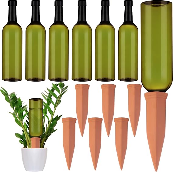 SiliFine 6 Sets Plant Watering Devices Include Terracotta Self Watering Spikes and 26 oz Plastic Bottles, Slow Release Vacation Insert Automatic Plant Waterer Device (Emerald Green and Terracotta)