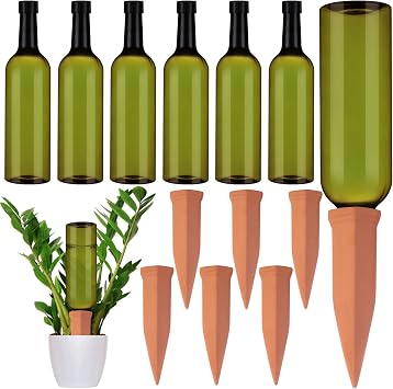 SiliFine 6 Sets Plant Watering Devices Include Terracotta Self Watering Spikes and 26 oz Plastic Bottles, Slow Release Vacation Insert Automatic Plant Waterer Device Emerald Green and Terracotta