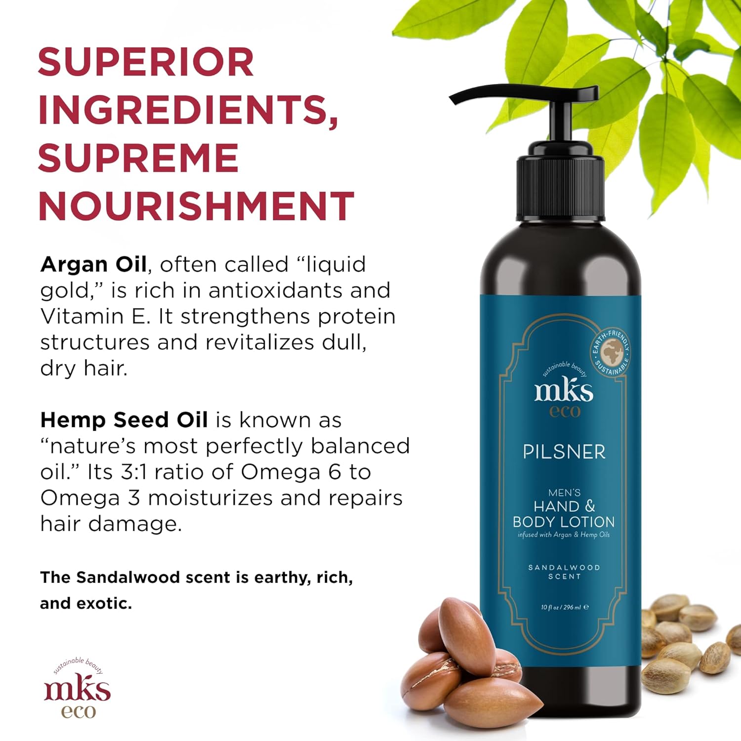 MKS eco for Men Pilsner Hand & Body Lotion, Sandalwood Scent - 10 oz - Hydrate, Smooth & Protect Skin - With Hemp Seed Oil & Argan Oil - Vegan, Cruelty Free - Image 4