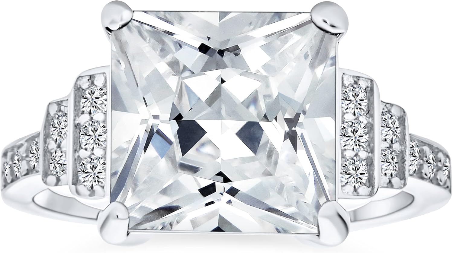 Bling Jewelry Art Deco Style Blue Sapphire CZ 2-5 CTW Cocktail Ring With AAA Cubic Zirconia Side Stones Square Brilliant Princess Cut Engagement Ring for Women in .925 Sterling Silver