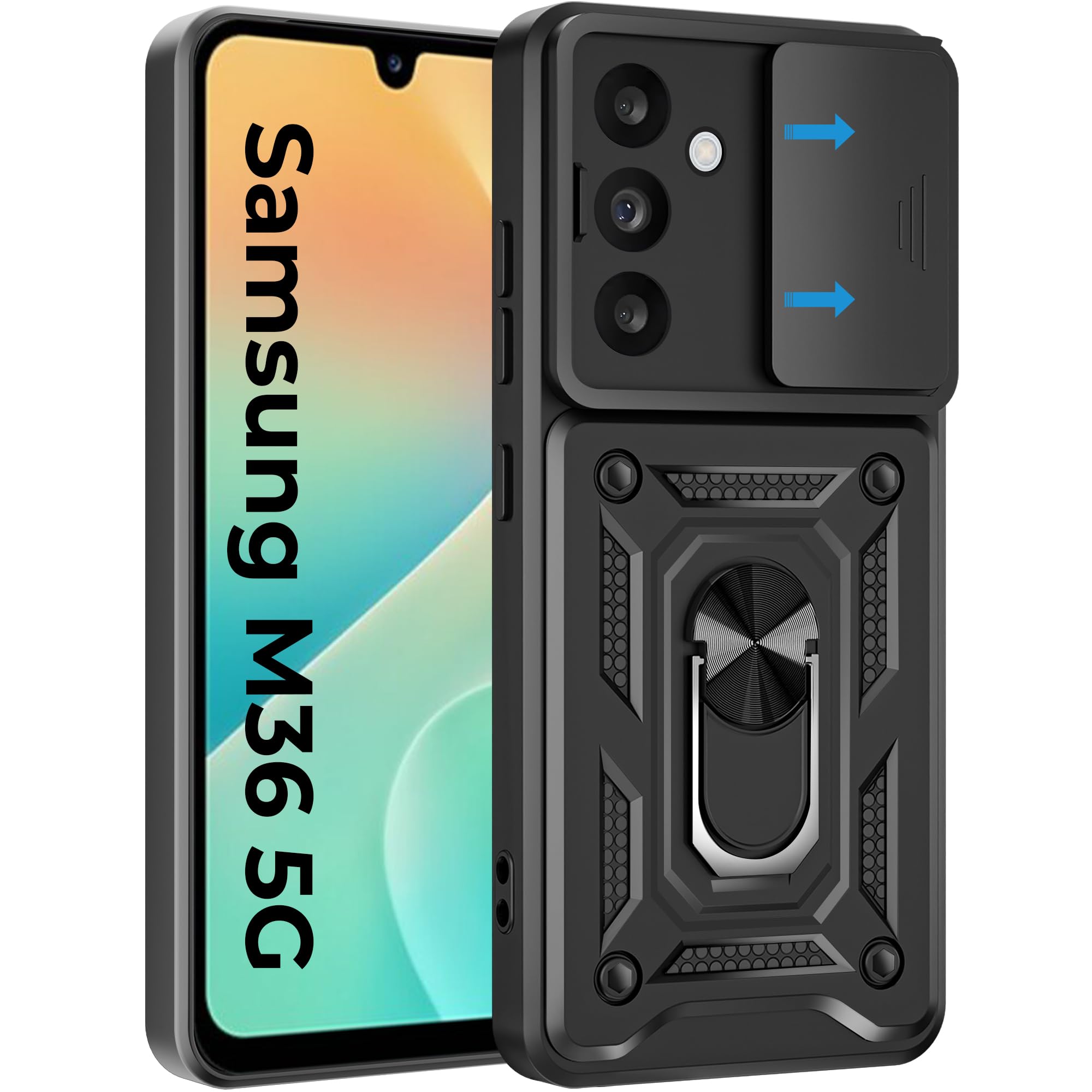 A rtistque Armor Bumper Back Case Cover for Samsung Galaxy M36 5G / F36 5G | Stylish Ring Holder & Inbuilt Stand | Sliding Camera Cover | Shockproof TPU | Samsung M36 & F36 Back Cover - Black-image-14