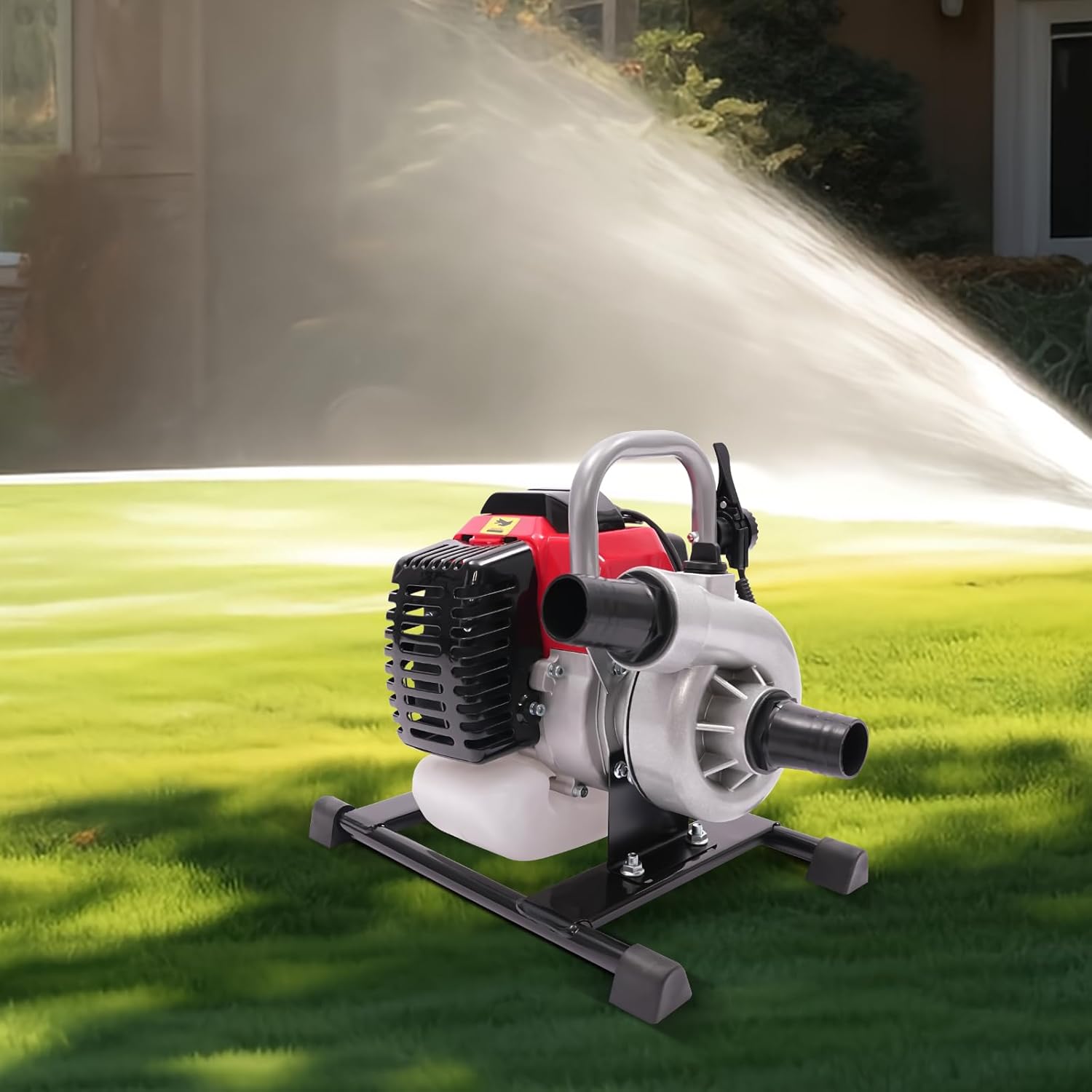 Commercial Gasoline Engine Water Pump 2 Stroke 52CC 1700W 1.5 Inch Inlet Portable Gasoline Water Transfer Pump with Manual Start, Air-cooling Water Pump for Flood Gardening Irrigation