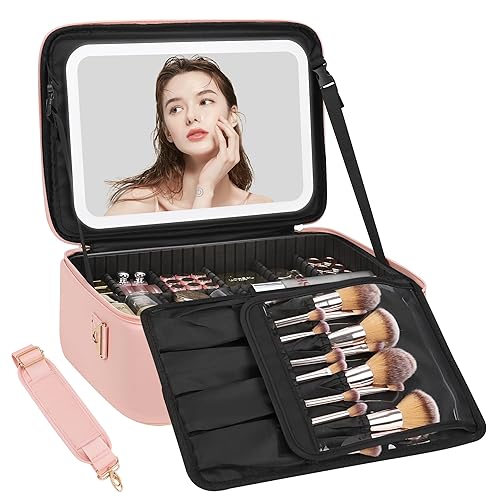 Miniatura 25 de Relavel Estuche de Maquillaje Train Case con Espejo LED, Bolsa de Cosméticos de Viaje Profesional con Particiones Removibles, Organizador de