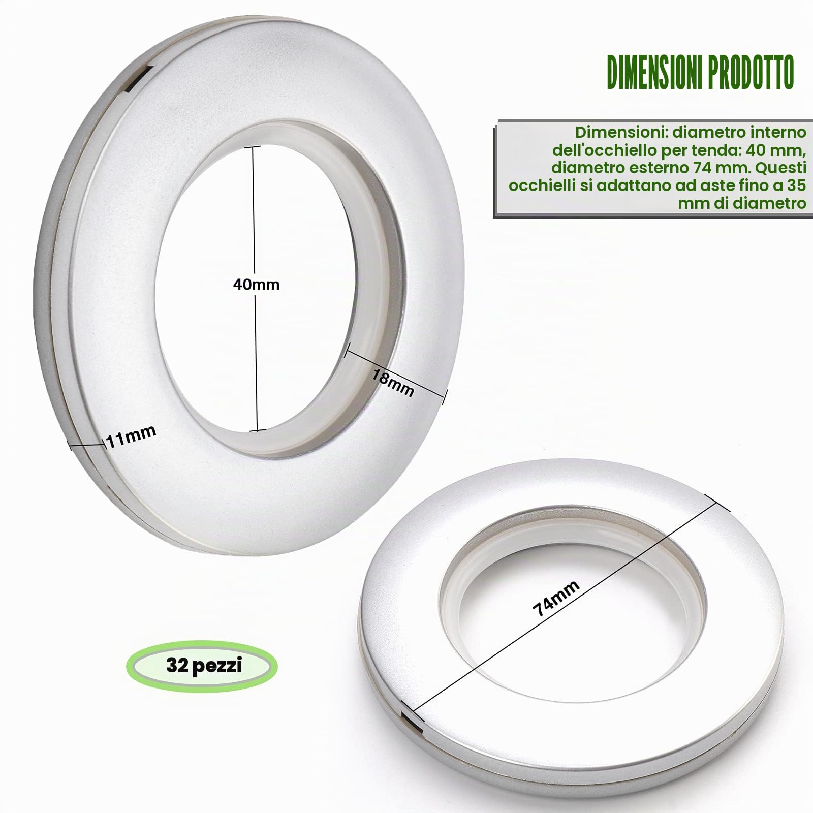 32pcs Anelli per Tende Plastica Rotondi Anello Occhiello a Basso Rumore 40 mm diametro Interno per Camera da Letto Soggiorno Tenda Fibbia (Argento)