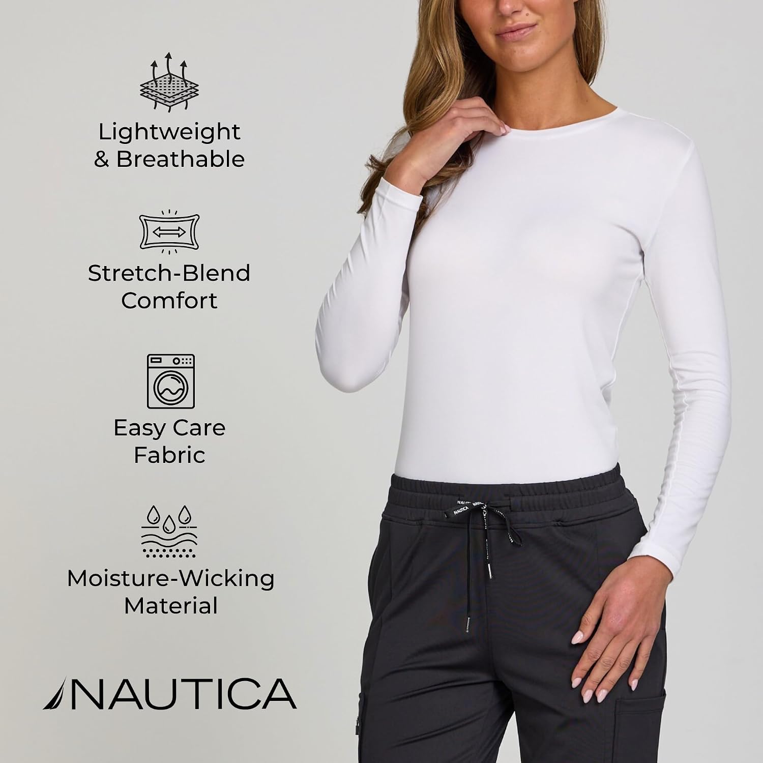 NAUTICA Underscrub Long Sleeve Women 2 Pack – Soft Scrub Undershirts for Nurses, Crew Neck Comfort Tee