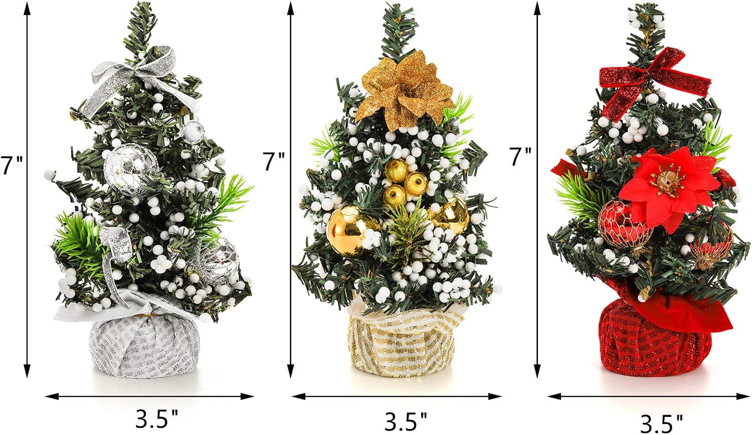 ZEAYEA 3 Pack Artificial Mini Christmas Tree with Ornaments, Tabletop Small Pine Tree Christmas Decoration for Home, Office, Kitchen, Dining Table, 3.5" L x 3.5" W x 7" H