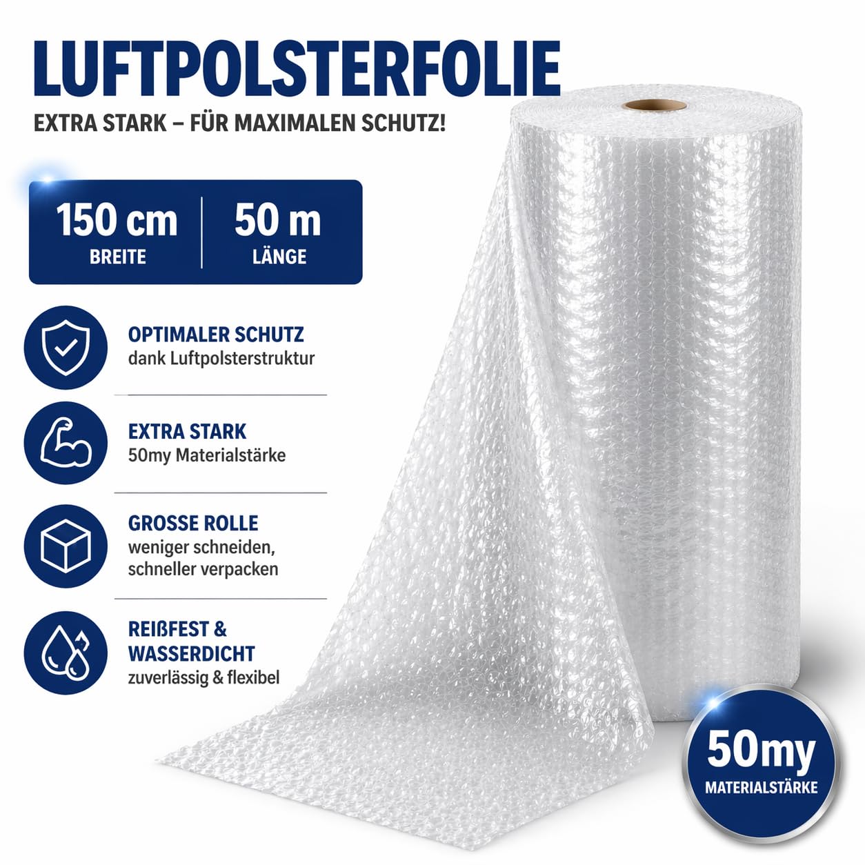 All4All Luftpolsterfolie 150cm x 50m EXTRA STARK 50my – Reißfest & Wasserdicht – Profi Verpackung für Umzug, Möbel & Glas – Noppenfolie Rolle Transparent