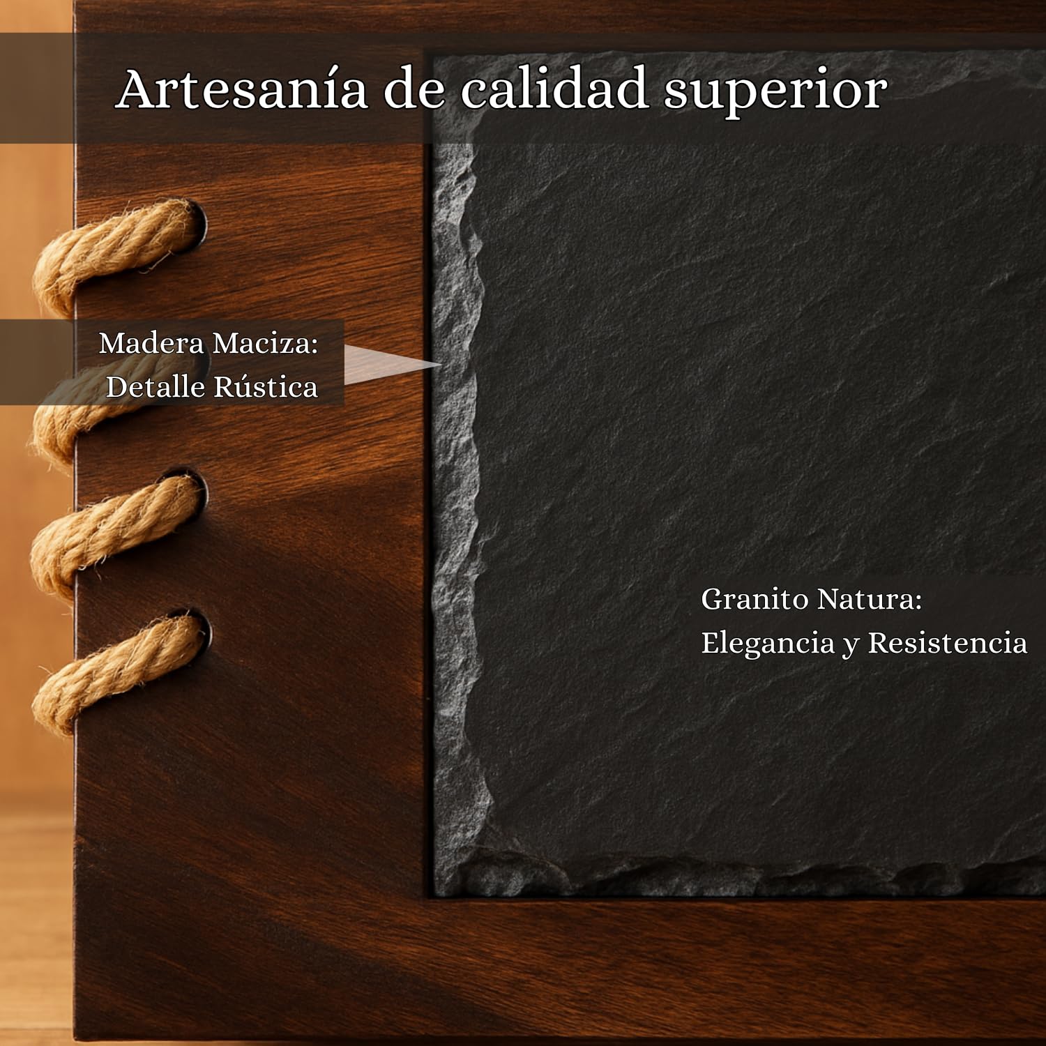 Placa de granito con marco de madera personalizable | Grabado UV con nombre, foto o logotipo | Regalo artesanal rústico para hogar, oficina o empresa - 50 x 35cm