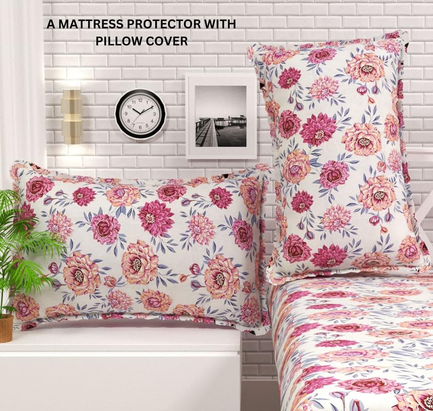 Image of HOMEKART Waterproof Fitted Bedsheet for King Size 78x72+10 inch | Leakproof, Noiseless, Skin-Friendly | Elastic Bed Sheet with 2 Pillow Covers | Dustproof & Breathable -Pink & White