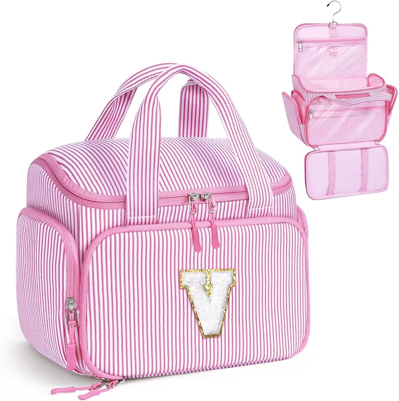 Necessaire suspensa YOOLIFE com inicial bordada, rosa, modelo V