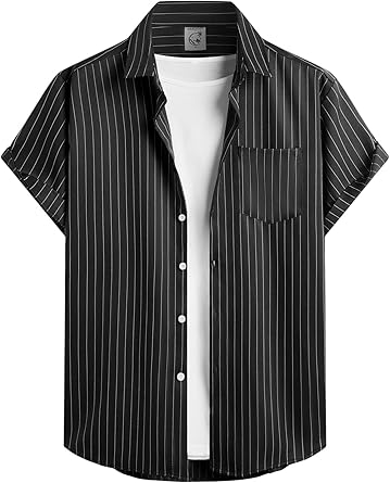 Hardaddy Mens Casual Striped Shirts Button Down Short Sleeve Blouse Summer Hawaiian Shirt