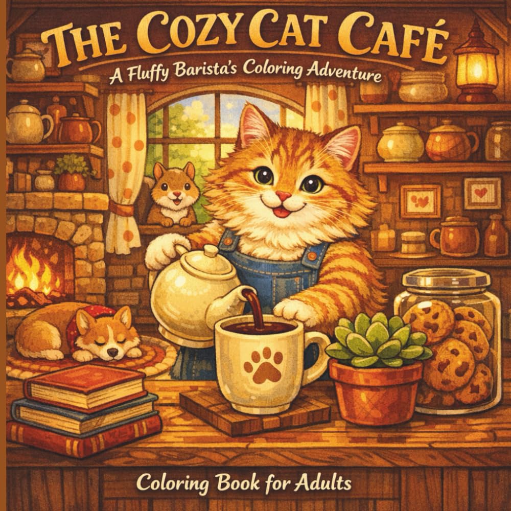 The Cozy Cat Café: A Fluffy Barista’s Coloring Adventure: A Charming Adult Coloring Book featuring Oversized Teacups, Rustic Shelves, and Adorable Animal Friends for Stress Relief and Relaxation.
