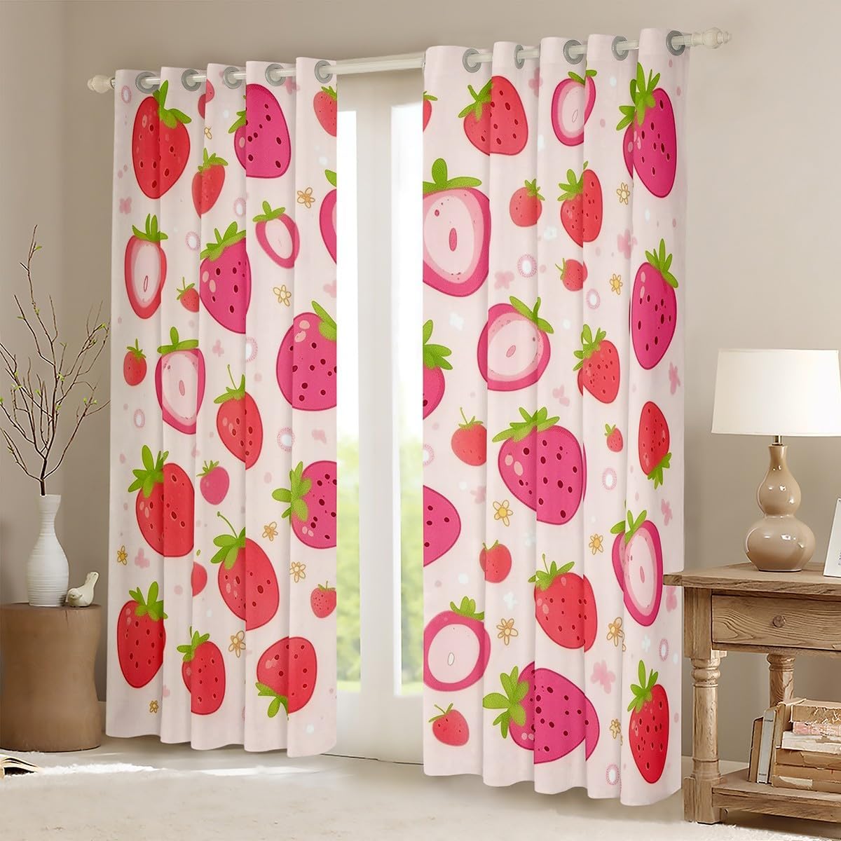 Feelyou Girls Pink Strawberry Curtains (2 Panels, 38 x 45 Inch) Kids Girls Kawaii Strawberry Floral Darkening Drapes for Boys Teens Cute Cartoon Strawberry Blackout Curtain Anime Window Treatments image 2