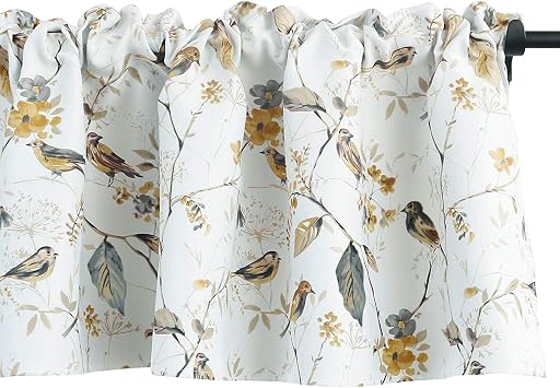 VOGOL Lovely Birds Vines Printed Window Curtains Valance, Pocket Valances for Windows for Kitchen Farmhouse, 52 x 18 Inch Bird-Grey