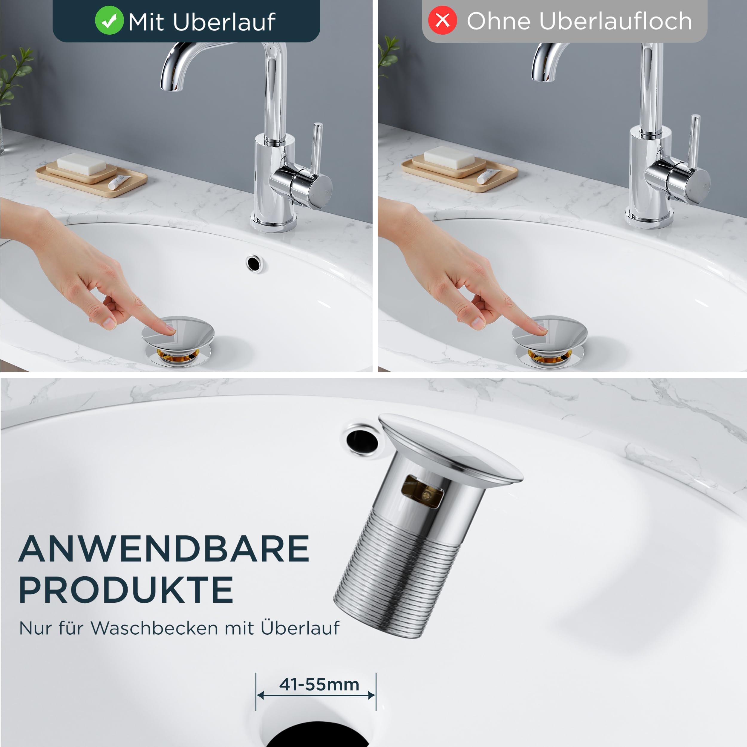 FORIOUS Wasserhahn Bad Hoch 360°Drehbar,Edelstahl Waschtischarmatur Chrom