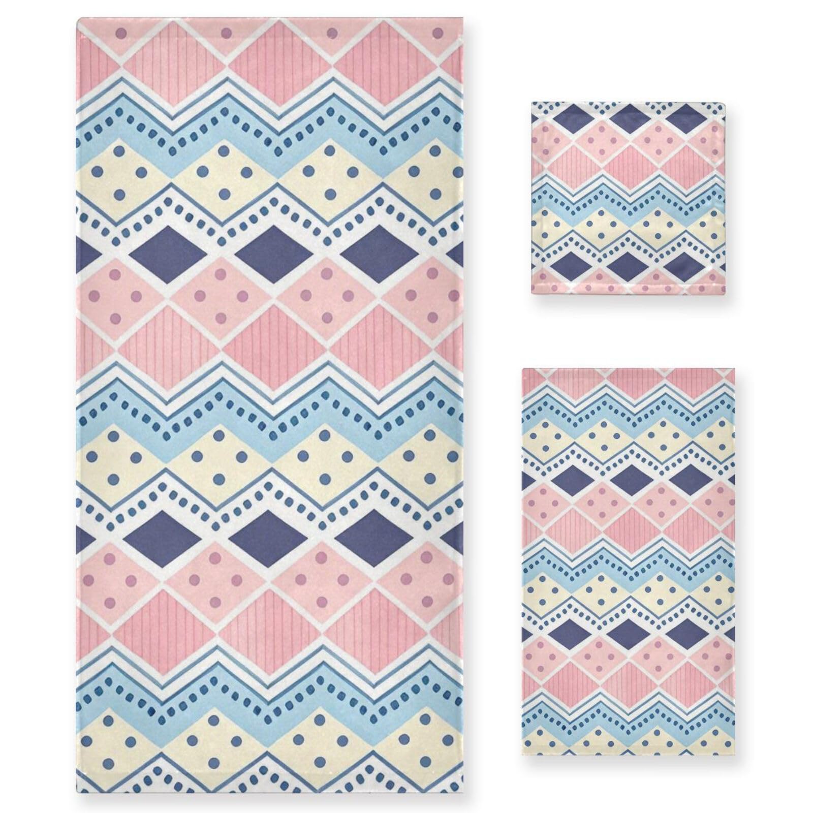 Set di 3 asciugamani per il viso in stile bohémien retrò a righe blu e bianche ad asciugatura rapida, 1 asciugamano da bagno, 1 asciugamano da bagno, 1 panno per cucina, bagno, yoga, palestra