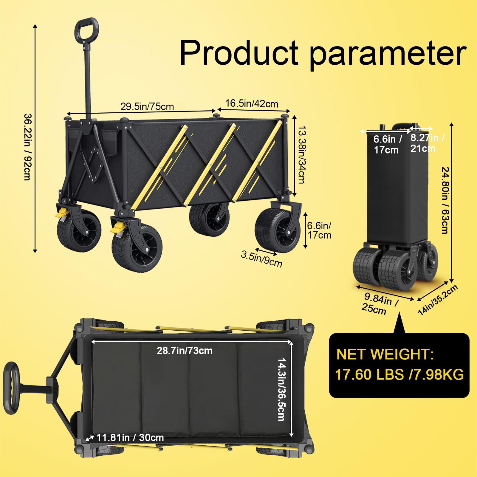 Carrelli pieghevoli, per raccogliere carichi pesanti da giardino, carrello portatile, carrello per animali domestici, con grandi ruote da spiaggia e portabevande per sport, shopping, campeggio