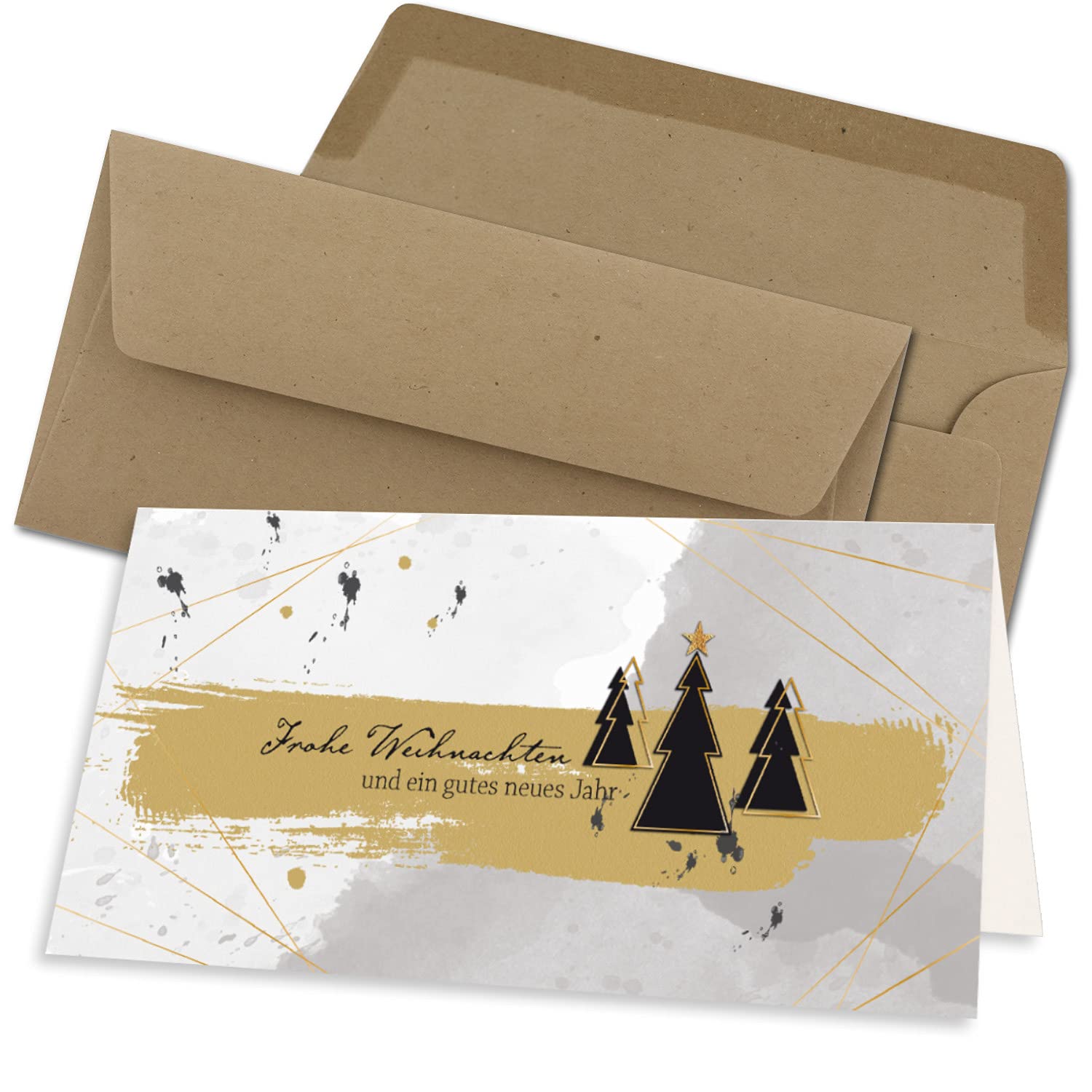 Juego de 200 tarjetas de Navidad DIN largo en gris con árboles de Navidad y texto – Tarjetas plegables con sobres DIN largo, papel kraft marrón arena con adhesivo húmedo – saludos de Navidad para