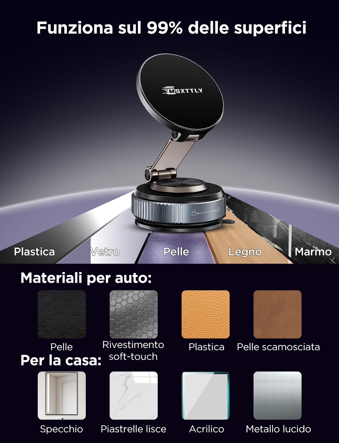 MSXTTLY Supporto Telefono Auto, Vmag-S2 2026 Supporto Magnetico a Vuoto, Forte Aspirazione, Rotazione 360°, Compatibile con iPhone 17-12 Pro MAX e Android Nero