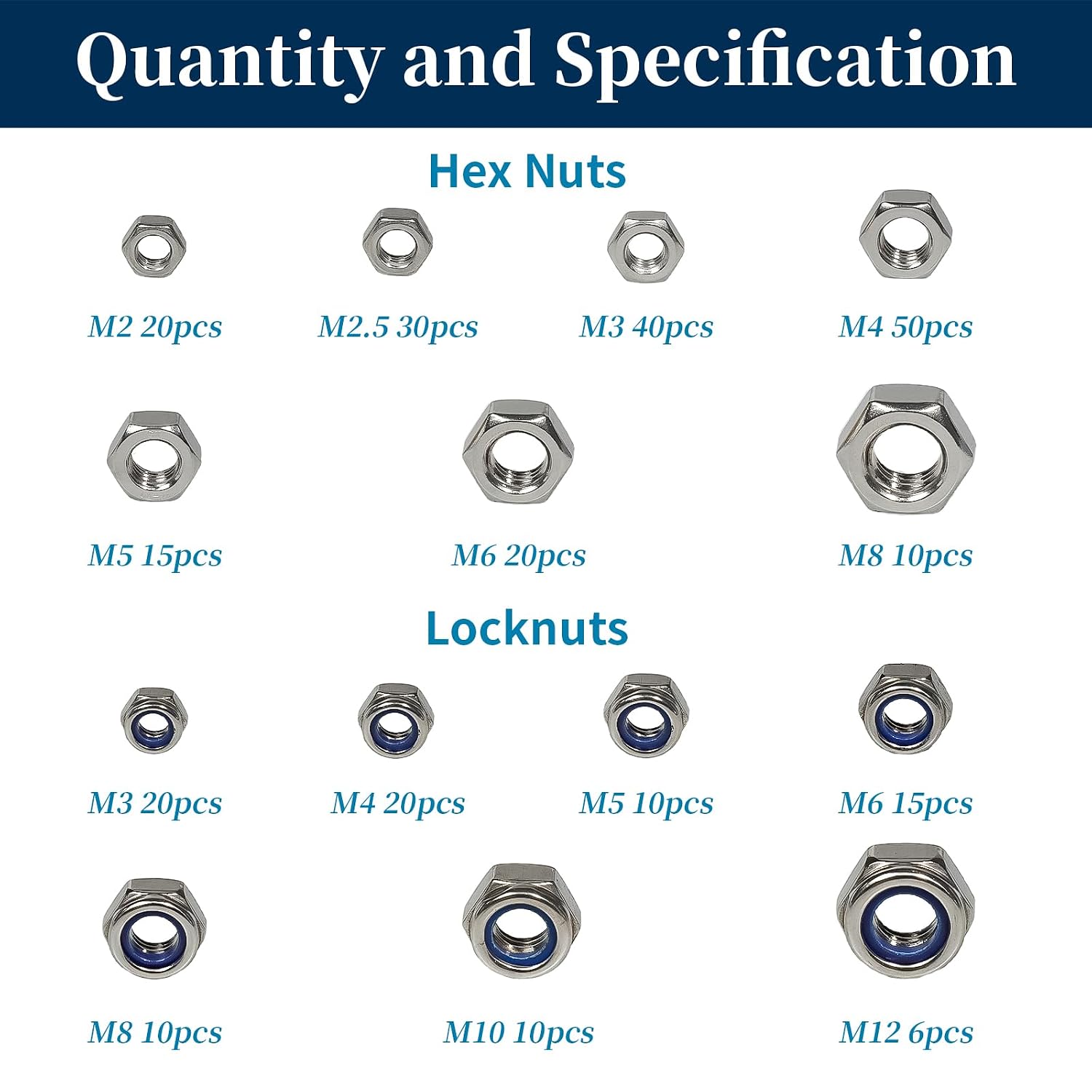 276PCS Hex Nuts Assortment Kit, 304 Stainless Steel, Metric Nut Assortment M2-M12 Sizes, 2 in 1 Hex Nuts & Nylon Insert Locknuts, A2-70 Corrosion Resistant Hardware Nuts image 2