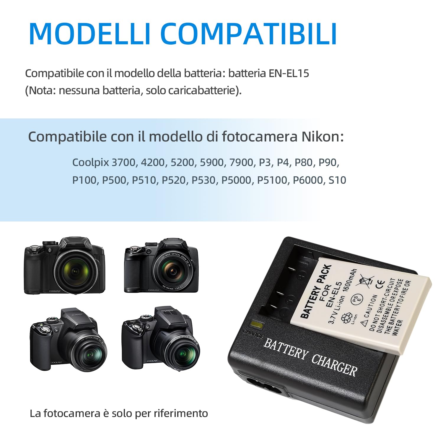 MH-61 - Caricatore rapido EN-EL5, compatibile con Coolpix 3700, 4200, 5200, 5900, 7900, P3, P4, P80, P90, P100, P500, P510, P520, P530, P5000, P5100, P60000000, P60000. 0, S10. Fotocamere