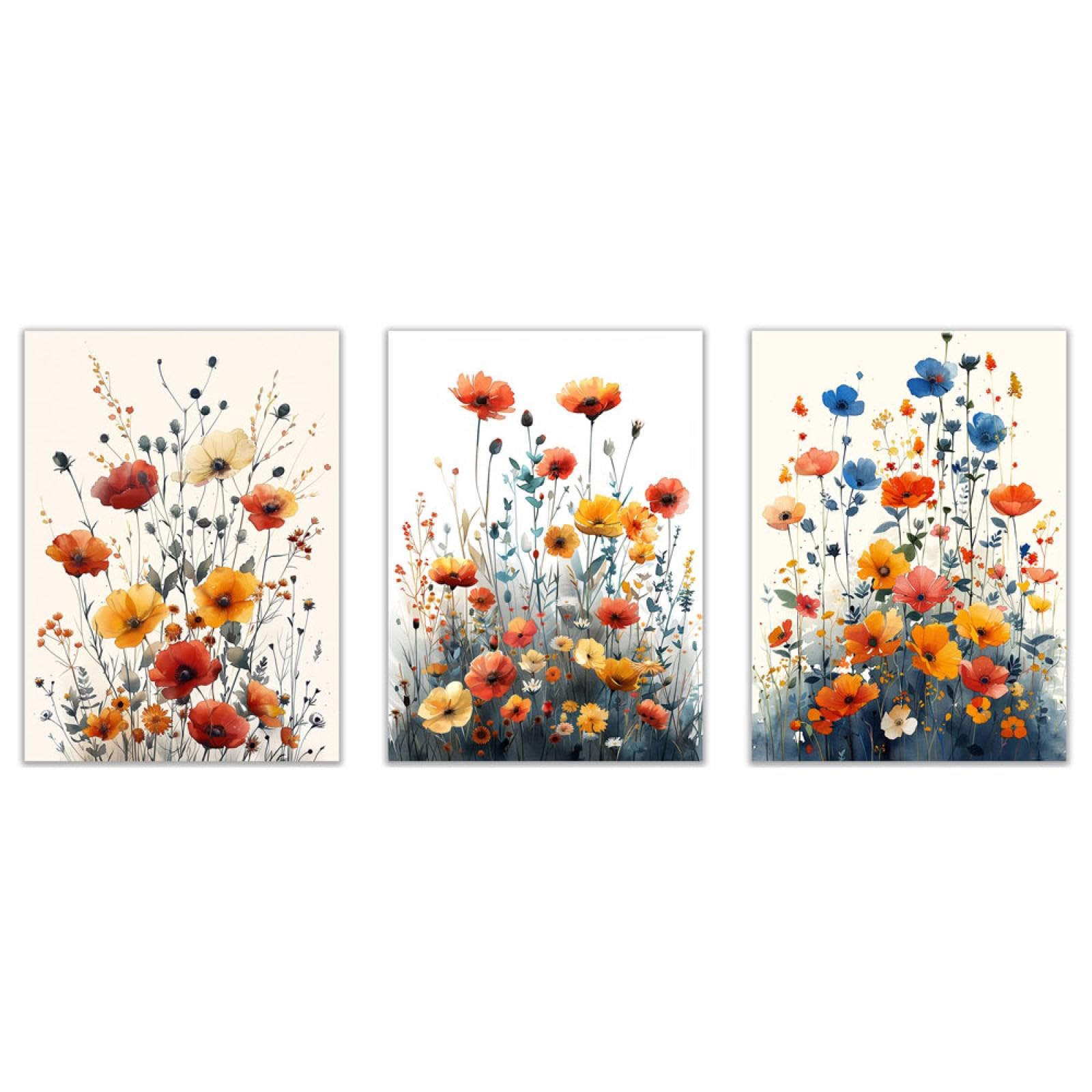 JOSUE 3 Piece Botanical Wall Art Prints Colorful Wildflowers Canvas Wall Art For Kitchen,Yellow,grey Bathroom Decor Wall Art Prints For Bedroom Living Room-30x45cmx3 Unframed