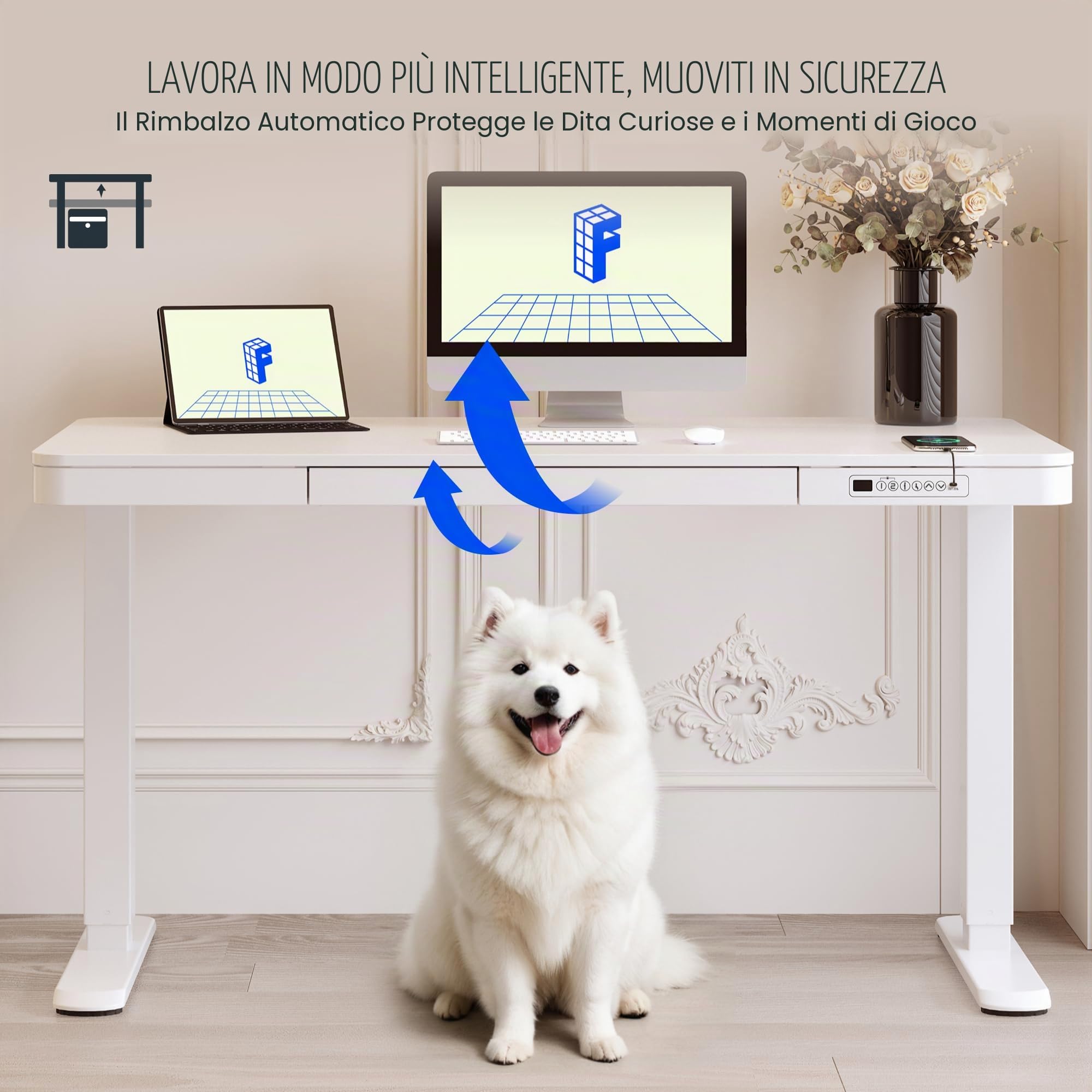 FLEXISPOT Scrivania elettrica regolabile in altezza con indicatore LED di altezza, funzione Memory e USB, scrivania elettrica con cassetto per ufficio domestico 140 x 70 cm (Bianco elegante)