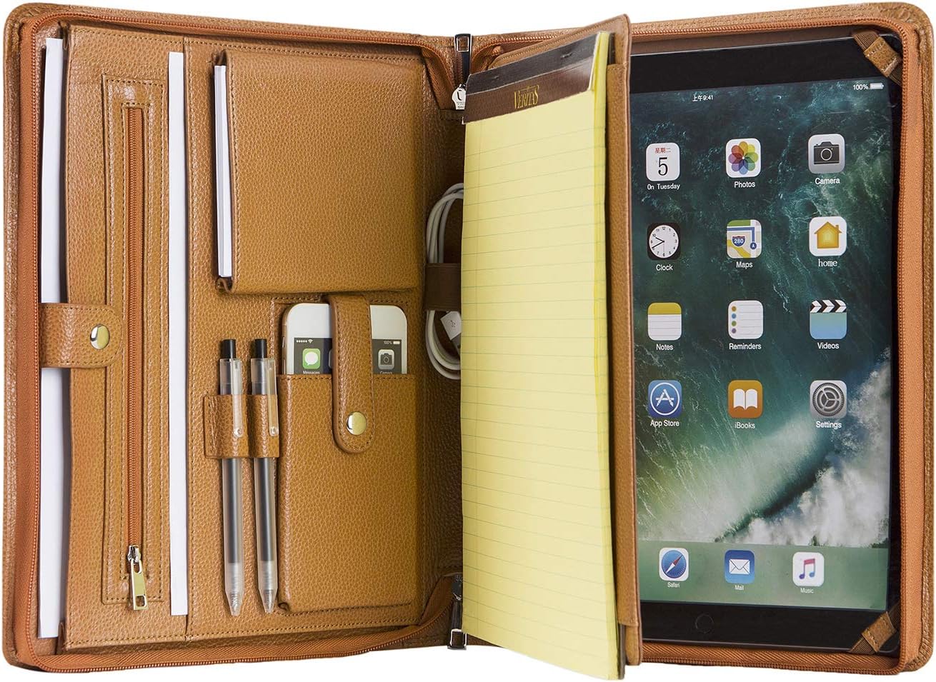 Handmade Genuine Leather Conference Folder Zipped for Surface Pro 7/6/5th Gen/4/3, A4 Size Portfolio Padfolio Case, Business Organizer, A4 Document Folder, Brown