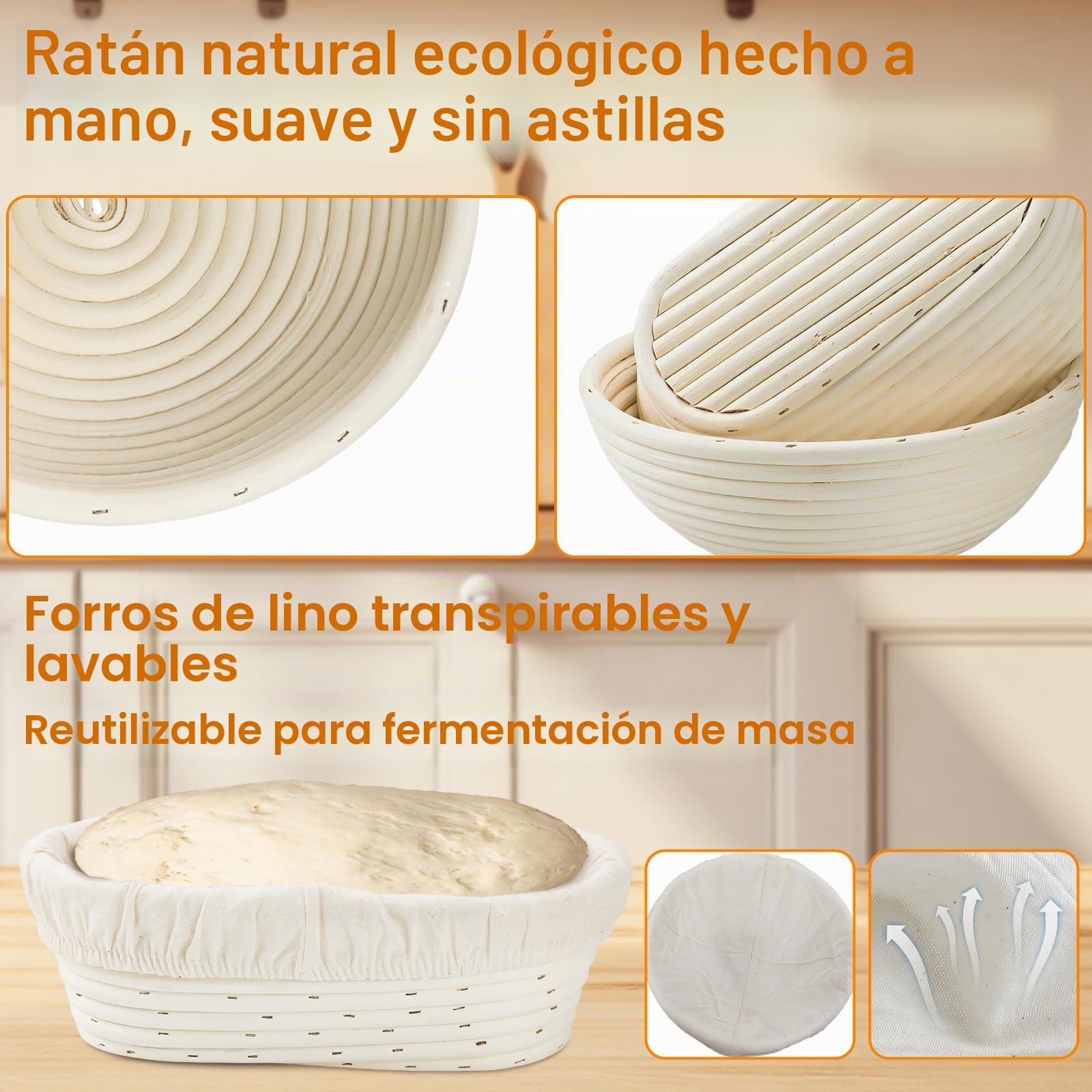 Kit Completo para Masa Madre,Cesta de Pan De Levadura De 2 Pcs Con Forro,Eslinga De Pan De Silicona,Tarro De Levadura,Amasadora,Cepillo De Silicona,Rascador de Cuenco,Juego Rascadores de Masa(A)
