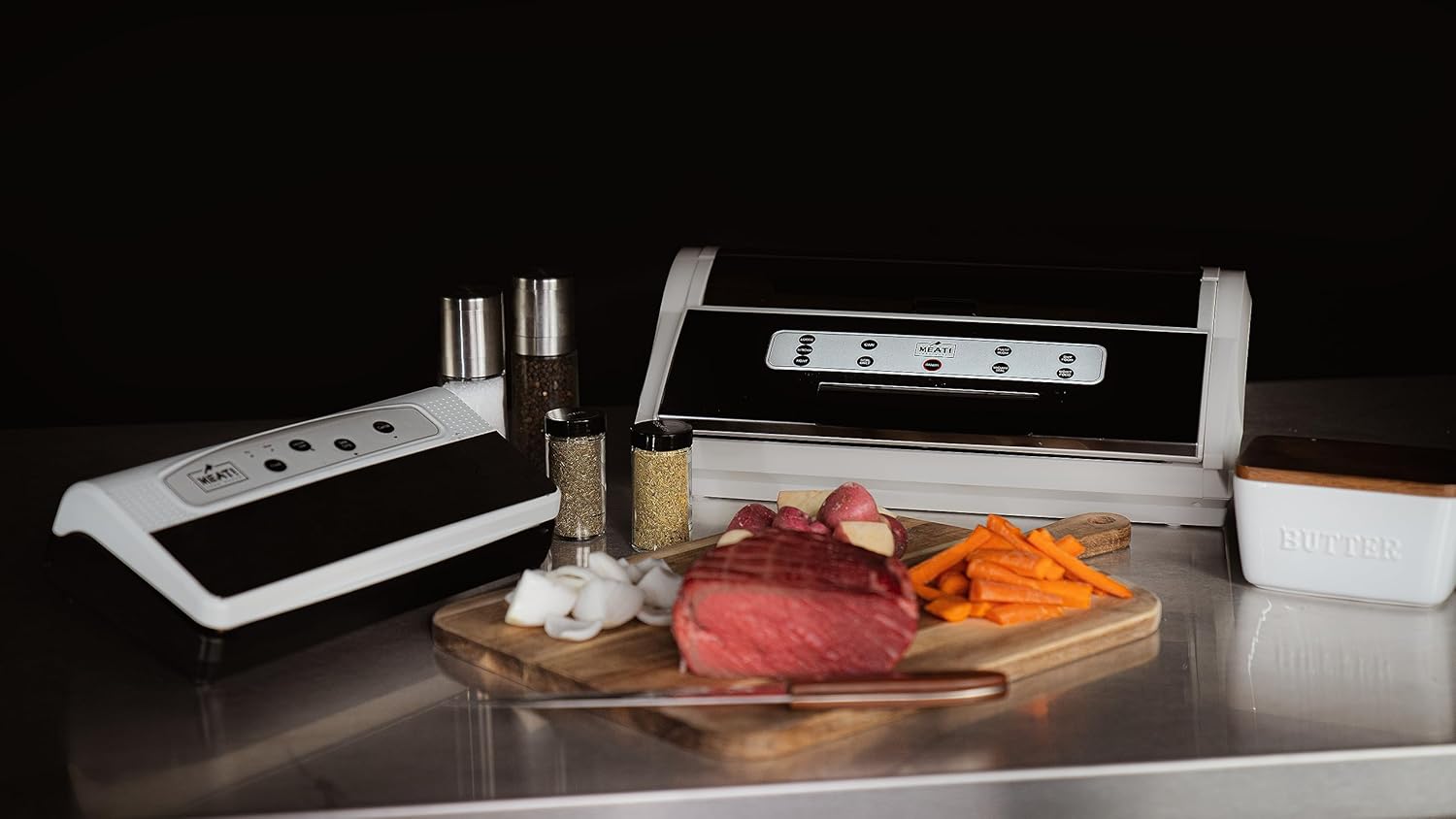 MEAT! Pro External Vacuum Sealer with Removeable Drip Tray, 14 inch Sealing Bar, Locking Latch, Bag Roll Storage, and Status Light for Preserving Meat and Vegetables