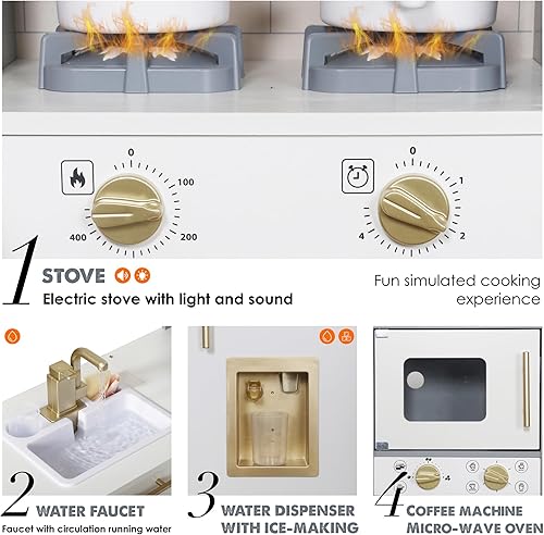Miniatura 2 de Juego de cocina grande de madera con agua corriente real, dispensador de agua 2 en 1 con máquina de hielo, estufa de juego con luz y sonidos para