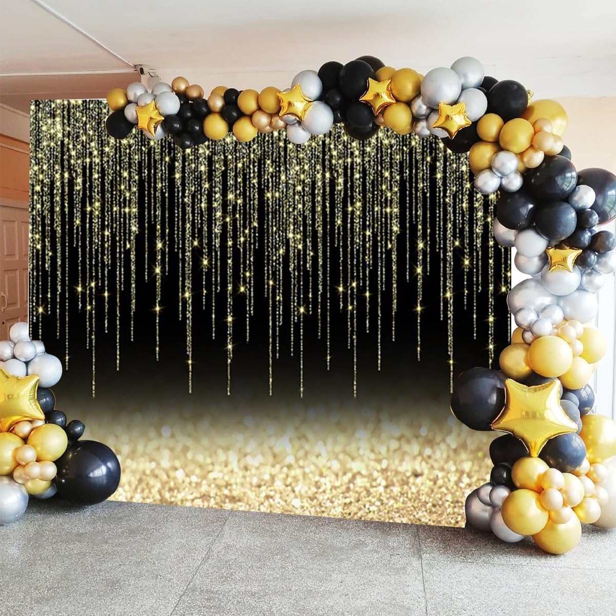 Black Gold Glitter Backdrop 10x8ft Christmas Birthday New Year Housewarming Retirement Party Graduation Background for Photography Theme Party Banner Studio Photo Booth Props
