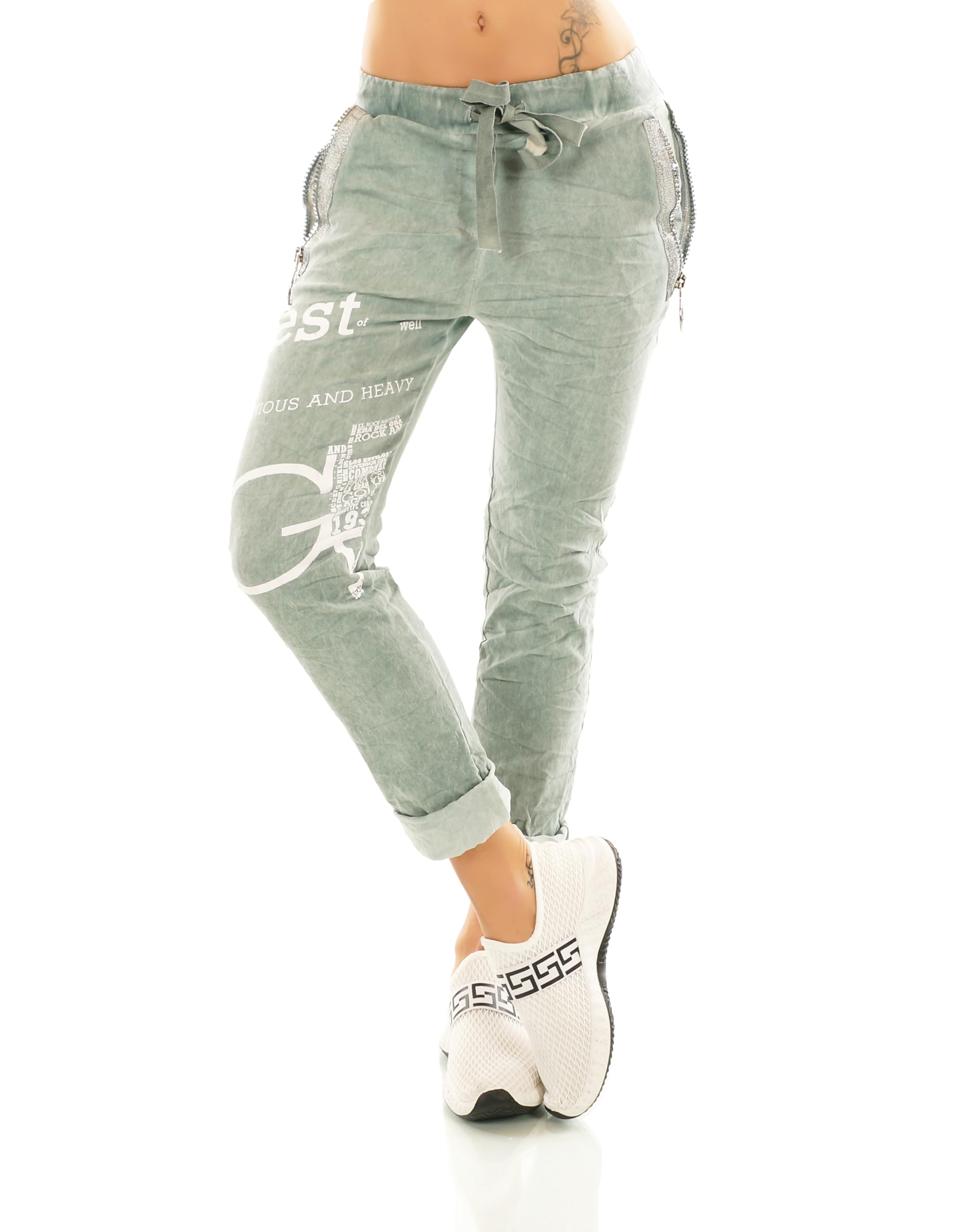 Damen Hose Jogpants Baggy Boyfriend Freizeithose Schriftzug Deko-Zip Taschen 36-40