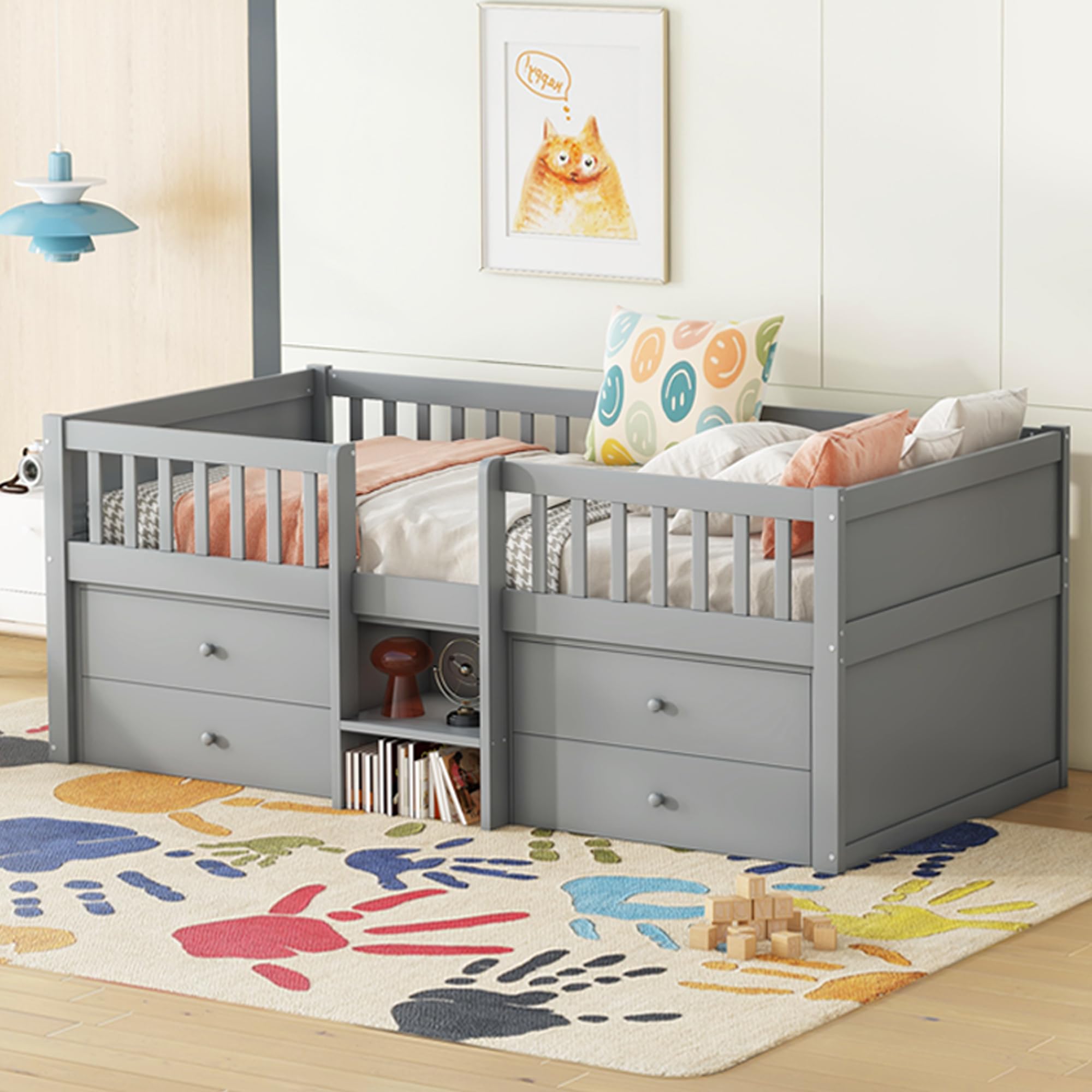 Lubvtti Cama para niños con 4 cajones, Cama Montessori 90 x 200 cm,Cama Infantil con barandilla y Base de láminas, sin colchón, Estilo Minimalista, Gris