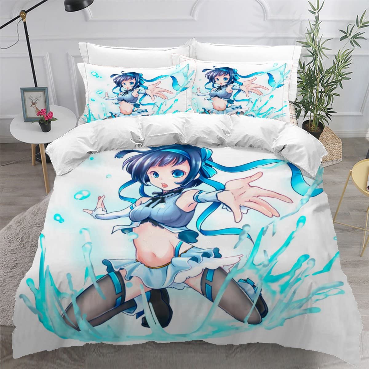 Housse de Couette 220x240 avec 2 Taies d'Oreiller Parure de Lit 3 Pièces Bleue en Microfibre