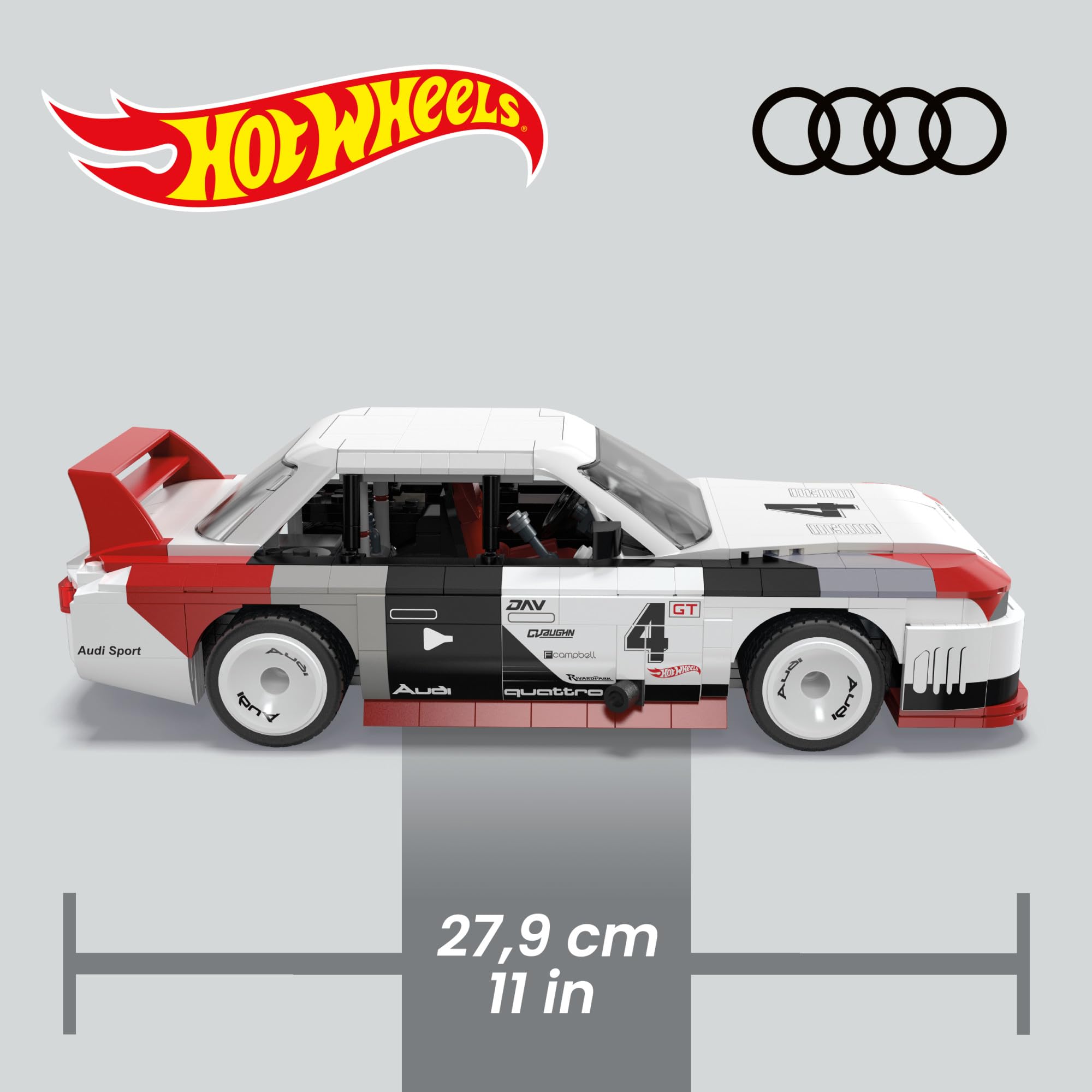 MEGA Hot Wheels Audi 90 Quattro IMSA GTO Jouet de construction automobile avec 973 pièces et modèle miniature en métal, coffret à construire et à exposer pour les collectionneurs, rouge, HRY20