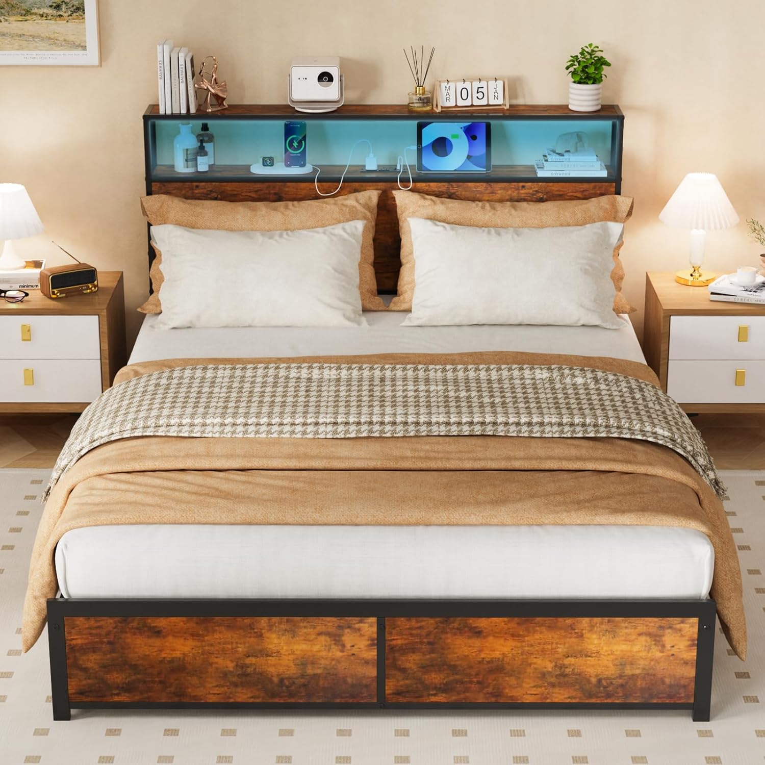 Queen Bed Frame with Headboard, Heavy Duty Metal Platform Queen Bed Frame with Built-in Charging Station & Led Light, Bed Frame Queen Size with 4 Drawers, Noise-Free, No Box Spring Needed, Brown