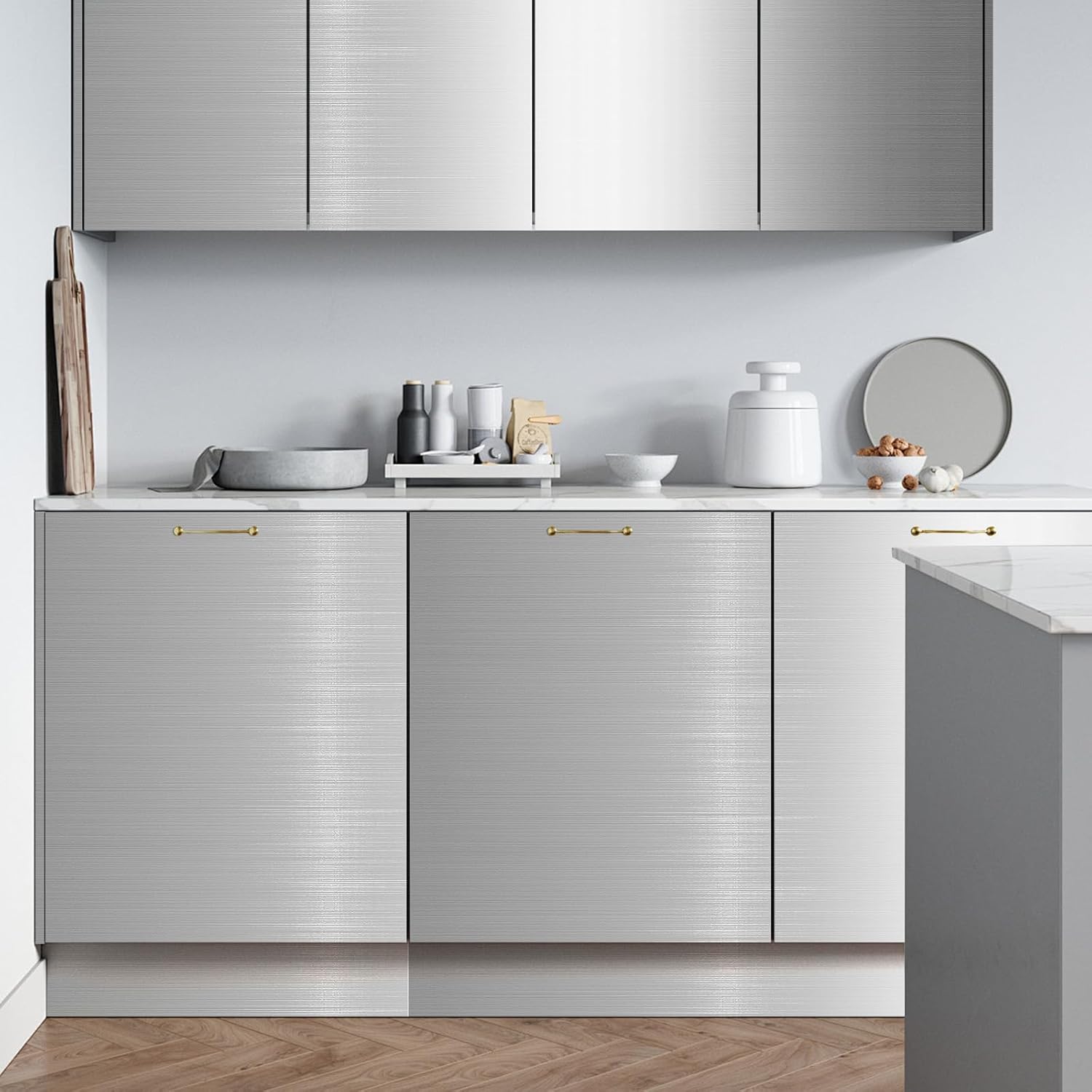 Silver Metallic Peel and Stick Wallpaper Stainless Steel Contact Paper for Kitchen Countertop Backsplash 23.6"x394" Modern Waterproof Self Adhesive Wall Paper for Appliances Dishwasher Fridge