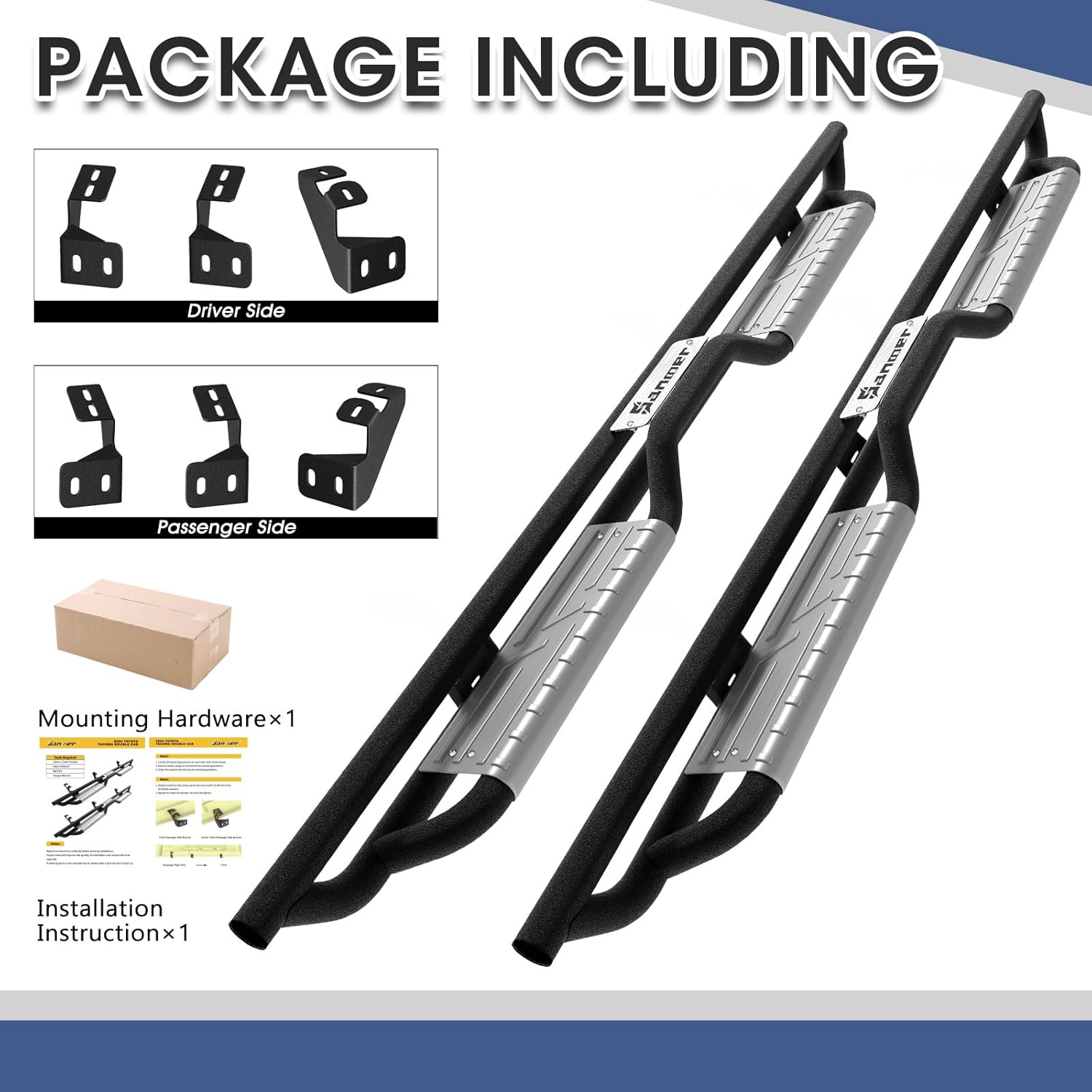 Sanooer 6-Inch Running Boards for 2024-2026 Toyota Tacoma Double Cab Pickup 4-Door, Black Carbon Steel Two Stairs Design Side Steps Nerf Bars (Silver Steps)