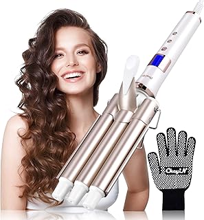 CkeyiN 3 Barrel Hair Waver, Curling Iron with LCD 16 Temperature Control Displays, Professional Ceramic Tourmaline Curling Wand, 22mm Hair Crimpers with 1 Heat Resistant Glove for All Hair Types