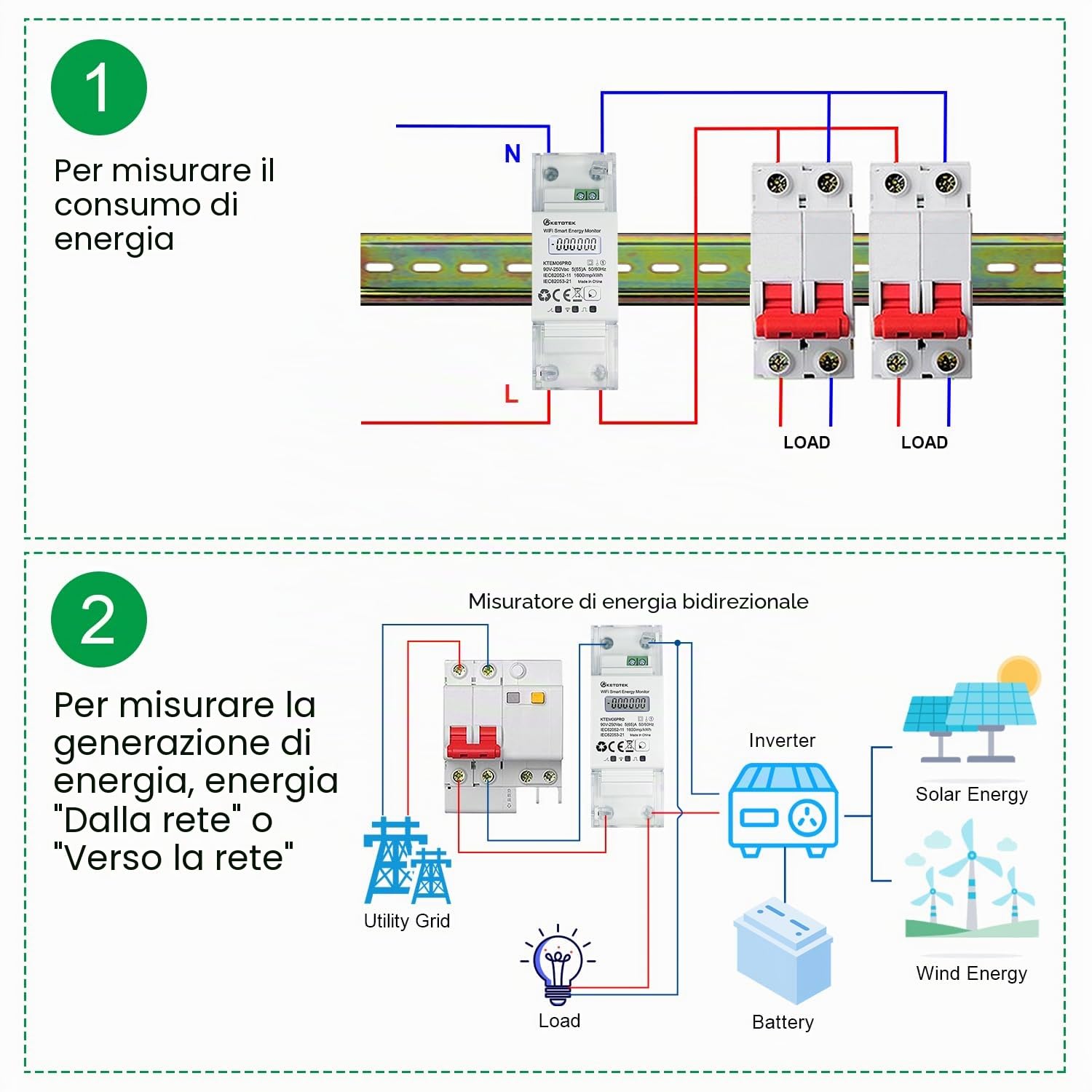 KETOTEK Contatore Energia Elettrica WiFi Bidirezionale su Guida DIN, Contatore di Elettrico Intelligente Monofase 5(65) A 90-250V, Misuratore di Consumo Alexa Google Assistant Compatibile