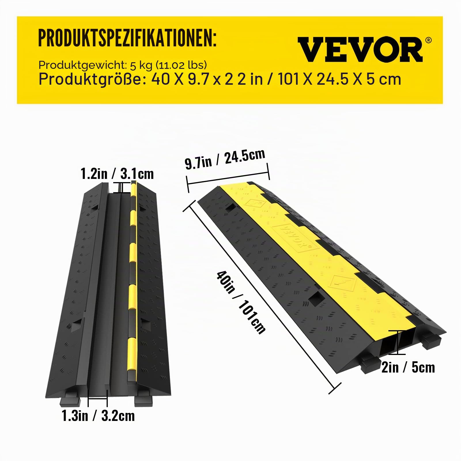 VEVOR 5 STK. Kabelschutzmatte 2 Kanal 101 x 24,5 x 5 cm, Kabelbrücke Traglast ca. 5T aus PVC & Gummi für Modulares Kabel, Überfahrschutz für Kabel, Ideal für Büro Büro Spielfelder Parkplätze, Schwarz