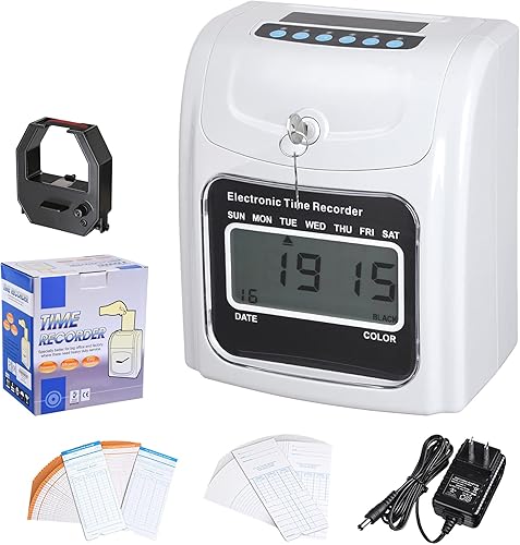 Miniatura 10 de Yescom Attendance Punch Time Clock Bundle - Grabadora de nómina para empleados, pantalla LCD con 100 tarjetas, 1 soporte para tarjetas de tiempo, 2