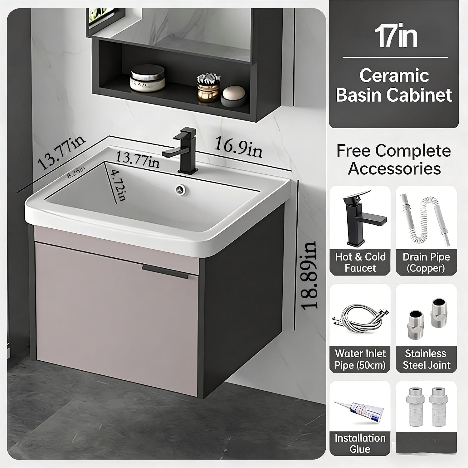 17-inch Wall-Mounted Compact Bathroom Vanity with Integrated Ceramic Sink—A Modern, Floating Single-Door Vanity Ideal for Small Bathrooms and Apartments (17in Grayish-Purple)