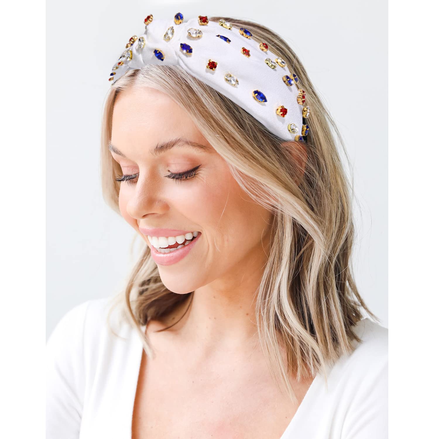 Royal Blue Red White Silver Firework Rhinestone Bead Sequin Top Knot Headband Patriotic Fireworks Sequin Top Knotted Headband – Harley  main image 4