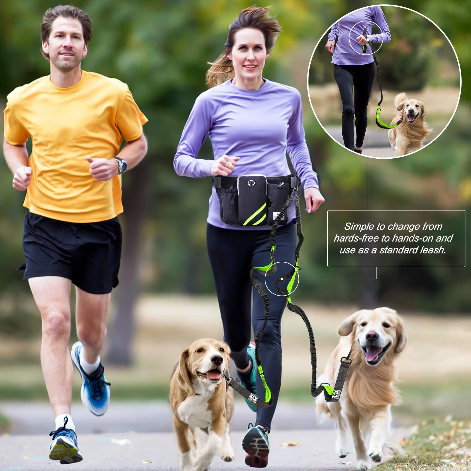 SHINE HAI Retractable Hands Free Dog Leash with Dual Bungees for 2 Dogs, Adjustable Waist Belt - Image 2