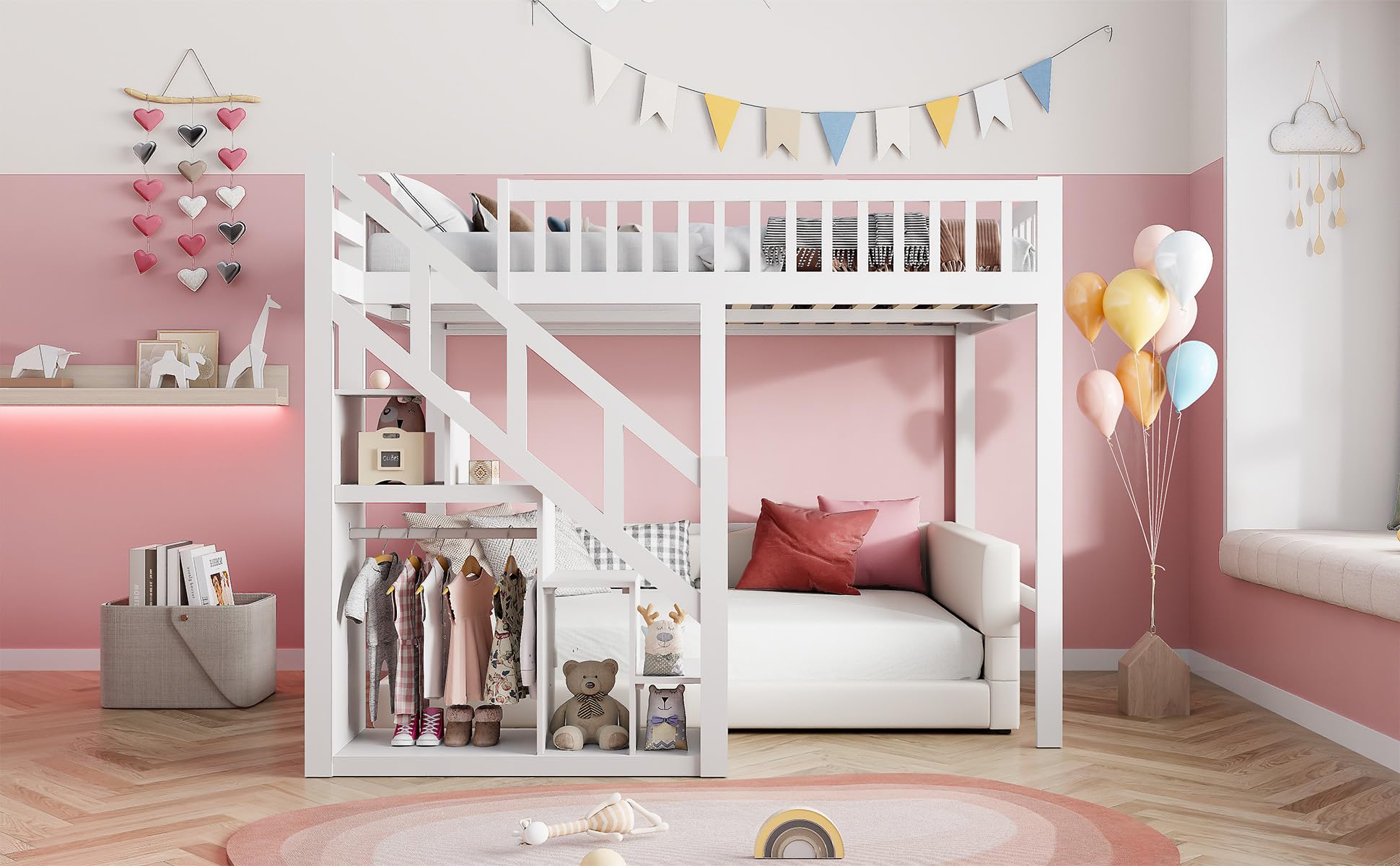 Kinderbett Etagenbett 90x200, Hochbett mit Treppe und Aufbewahrungsschrank, Doppelbett Stockbett Spielbett Kinderhochbett Jugendhochbett mit Gitter und Rausfallschutz, Massivholz (Weiß, 90x200cm)