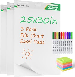 Easel Paper Pad, Sticky Flip Chart Paper 25 x 30 Inches, Large Easel Papers for Teachers, 30 Sheets/Pad, Easel Paper Pad for White Board with 10 Colorful Markers 6 Sticky Note Pads 3 PACK