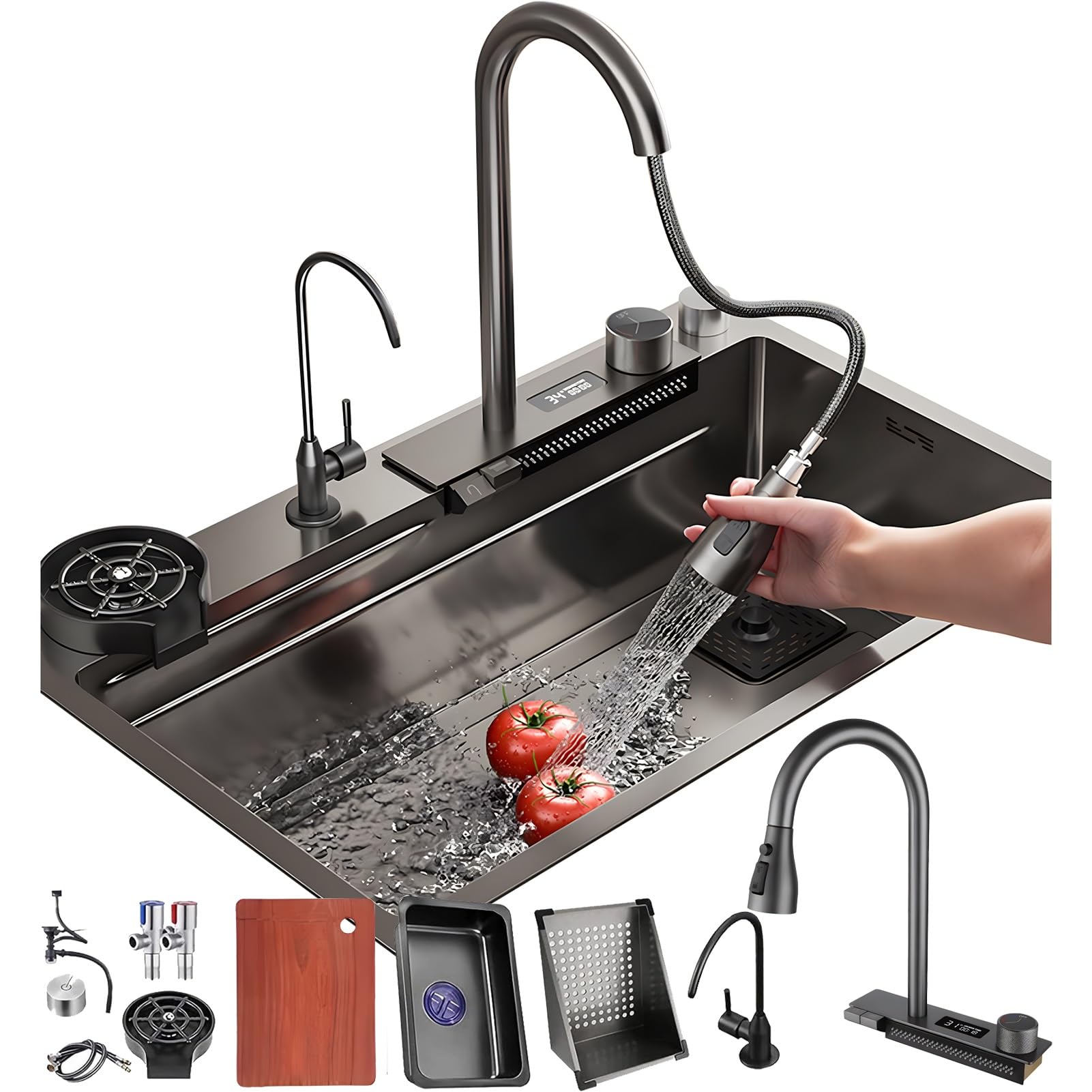 WIQUYBML Black Waterfall 68 x 45 cm Stainless Steel Sink, Multifunctional Sink - Single Bowl Workplace with Pull-Out Tap, Siphon, Overl
